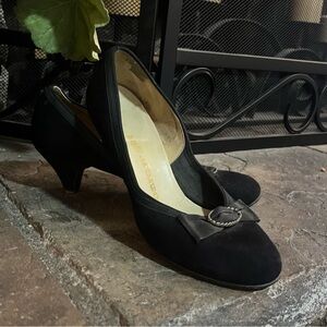 1950s Vintage Pinup Black Leather High Heel Rockabilly VLV Shoes Bow Metal Ring